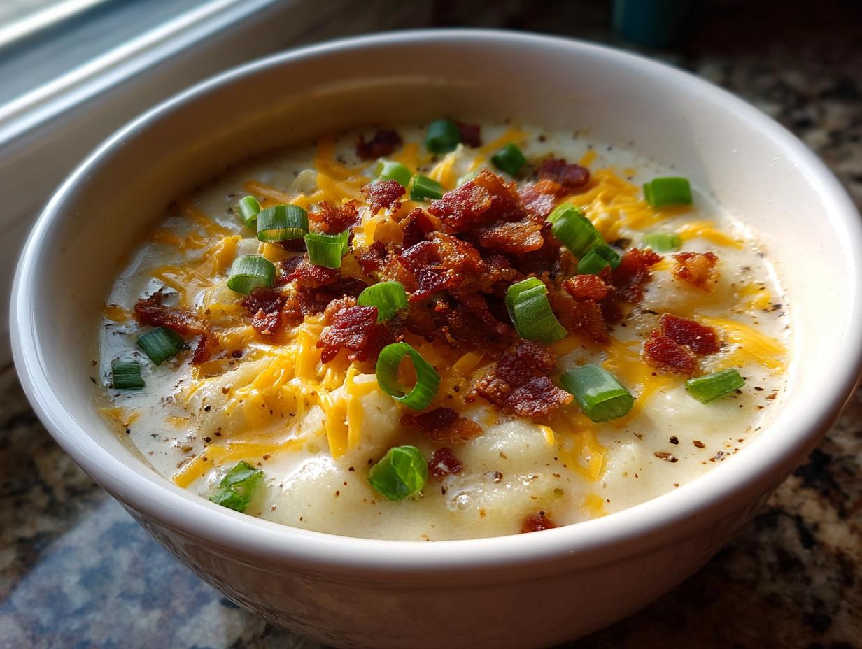 A close-up of a creamy bowl of potato soup recipe topped with shredded cheddar cheese, crispy bacon bits, and green onions.