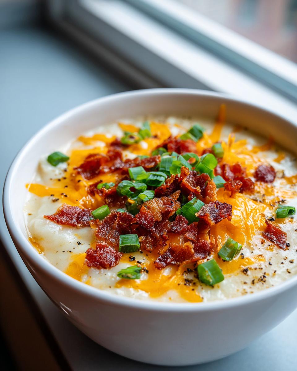 Close-up of a creamy potato soup recipe bowl topped generously with shredded cheddar cheese, crispy bacon bits, and fresh green onions.
