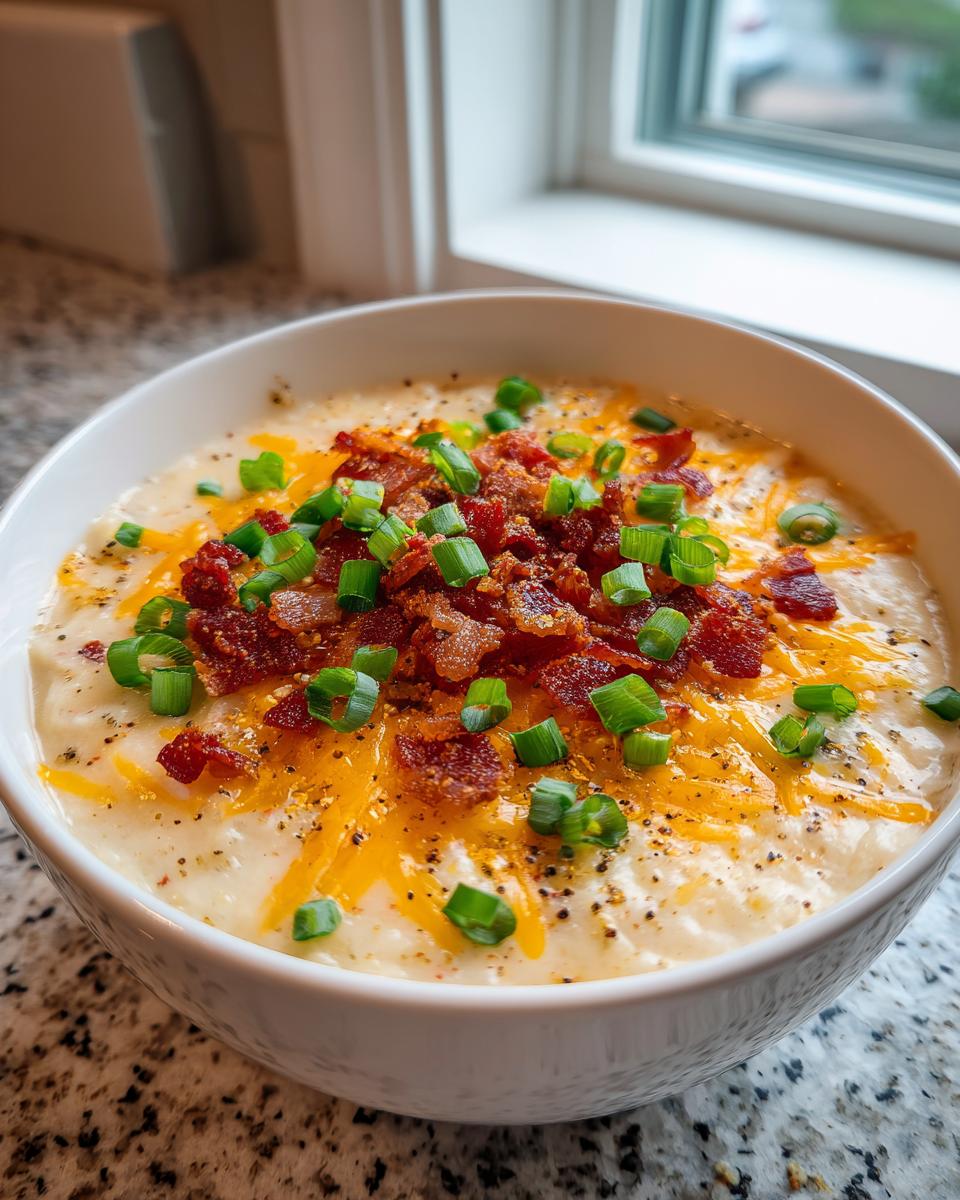 Close-up of a creamy bowl of potato soup recipe topped with shredded cheddar cheese, bacon bits, and fresh green onions.