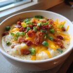 A close-up of a creamy bowl of potato soup recipe topped with melted cheddar cheese, bacon bits, and fresh green onions.