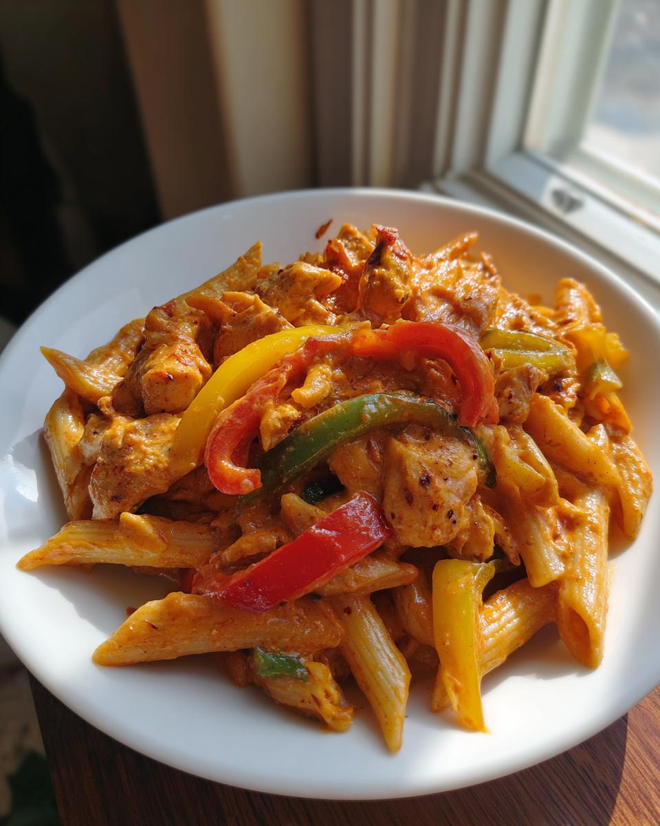 Close-up of a white bowl filled with creamy Rasta Pasta featuring penne, chicken pieces, and colorful bell peppers.