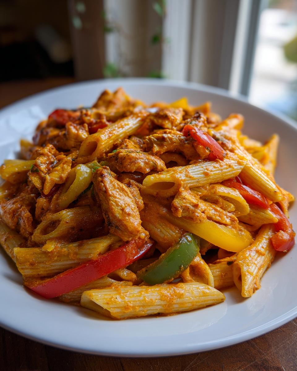 A close-up of a white bowl filled with creamy Rasta Pasta featuring penne, chicken pieces, and colorful bell peppers.