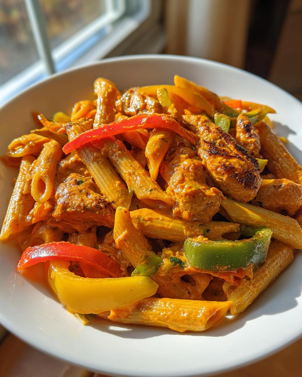 A close-up bowl of vibrant Rasta Pasta featuring penne coated in a creamy orange sauce, mixed with grilled chicken pieces and colorful bell peppers.