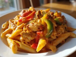 A close-up of a serving of creamy Rasta Pasta featuring penne, chicken pieces, and colorful bell peppers.