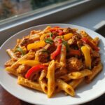 A close-up of a plate of creamy Rasta Pasta featuring penne, chicken pieces, and bright red, yellow, and green bell peppers.