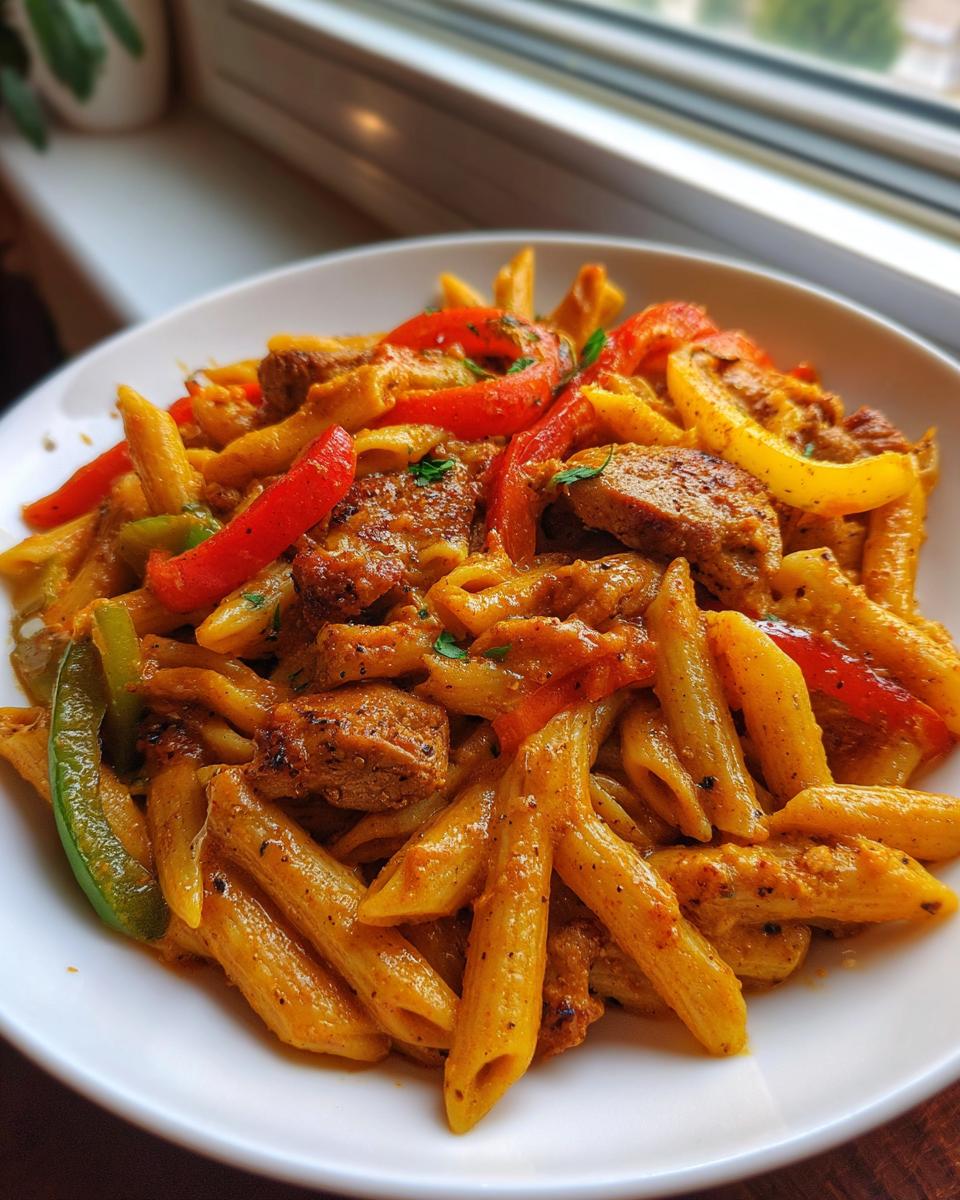 A close-up of a white bowl filled with creamy Rasta Pasta, featuring penne, colorful bell peppers, and seasoned meat pieces.