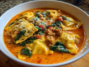 Close-up of a white bowl filled with creamy, orange-hued ravioli soup featuring spinach, ground meat, and cheese.