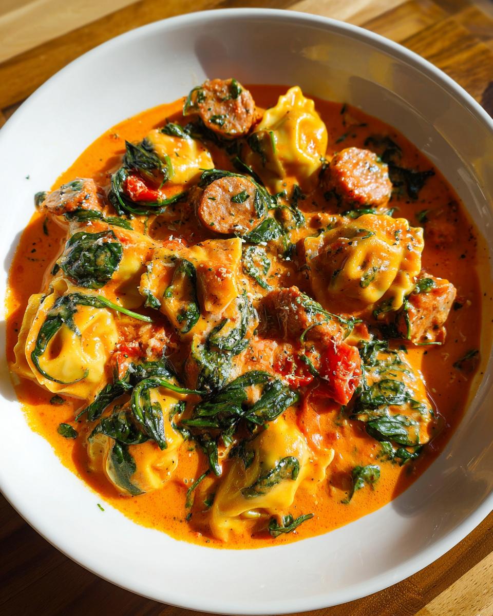 A close-up of a bowl of creamy ravioli soup featuring sausage slices, wilted spinach, and rich orange broth.