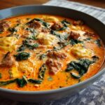 A close-up bowl of creamy, orange-hued ravioli soup featuring sausage chunks, wilted spinach, and cheese.
