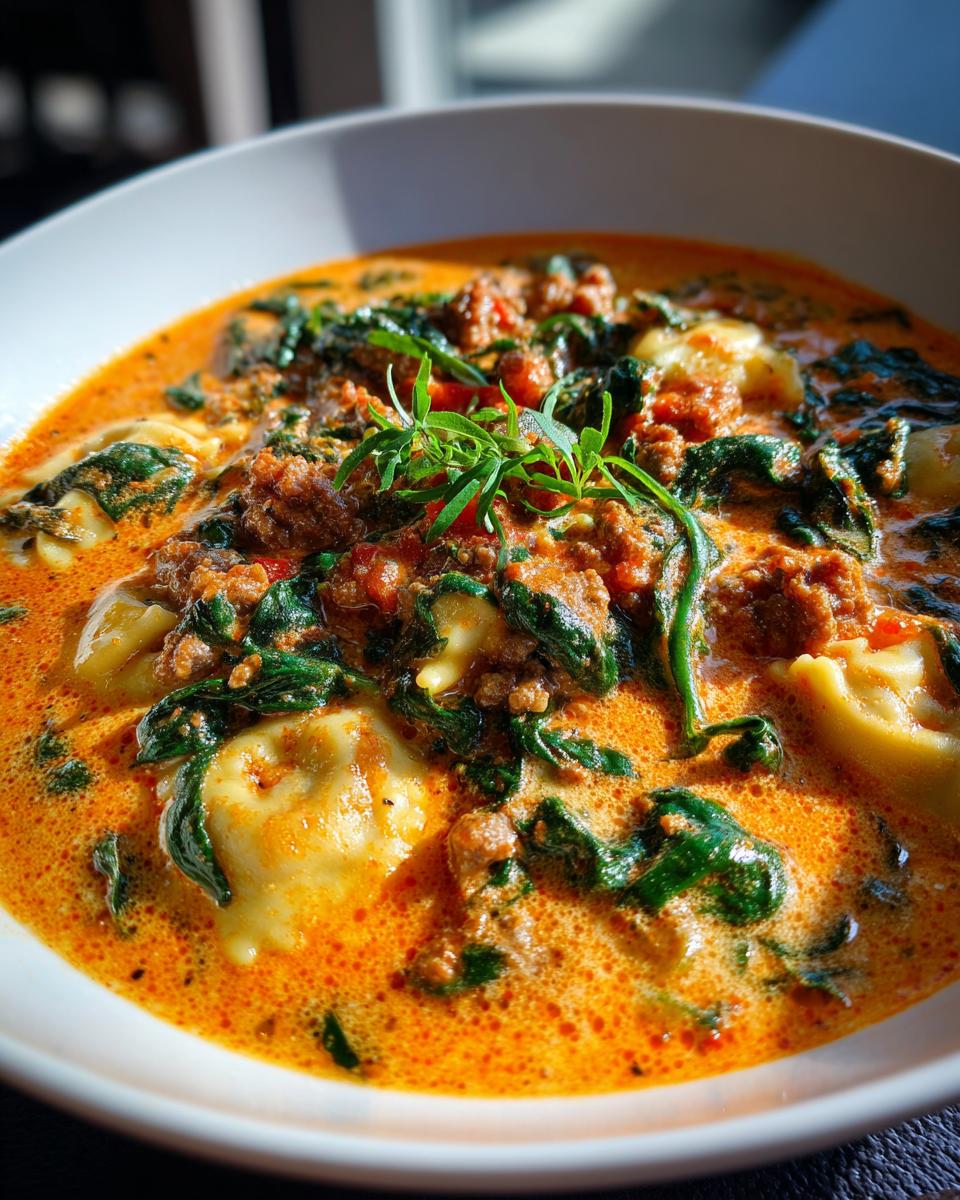 A close-up of a white bowl filled with rich, creamy ravioli soup featuring cheese ravioli, ground meat, and wilted spinach.