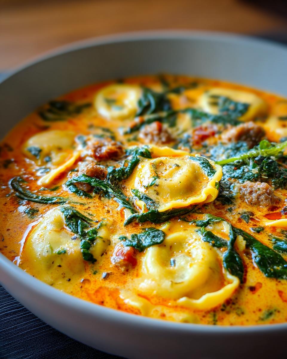 Close-up of a hearty bowl of creamy ravioli soup with spinach and sausage pieces.