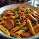 Close-up of creamy sausage pasta featuring penne, sliced smoked sausage, and fresh parsley garnish.