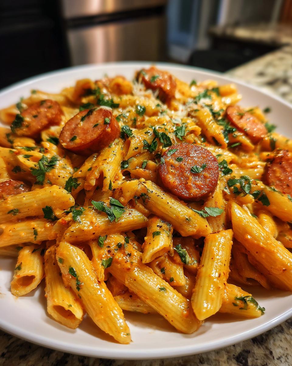 Close-up of creamy penne sausage pasta tossed in a rich orange sauce and garnished with fresh parsley.