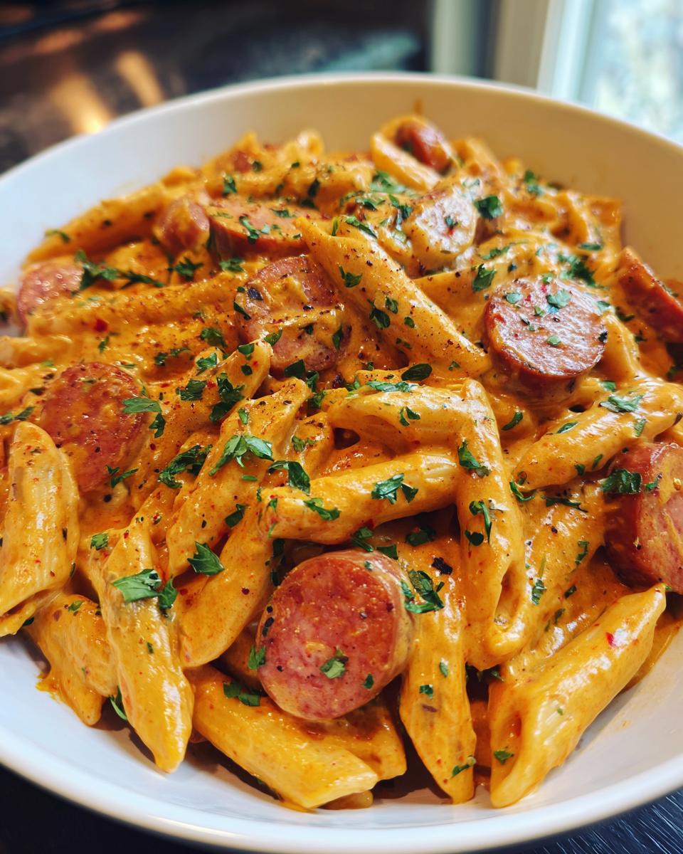 Close-up of creamy sausage pasta featuring penne noodles, sliced smoked sausage, and fresh parsley garnish.
