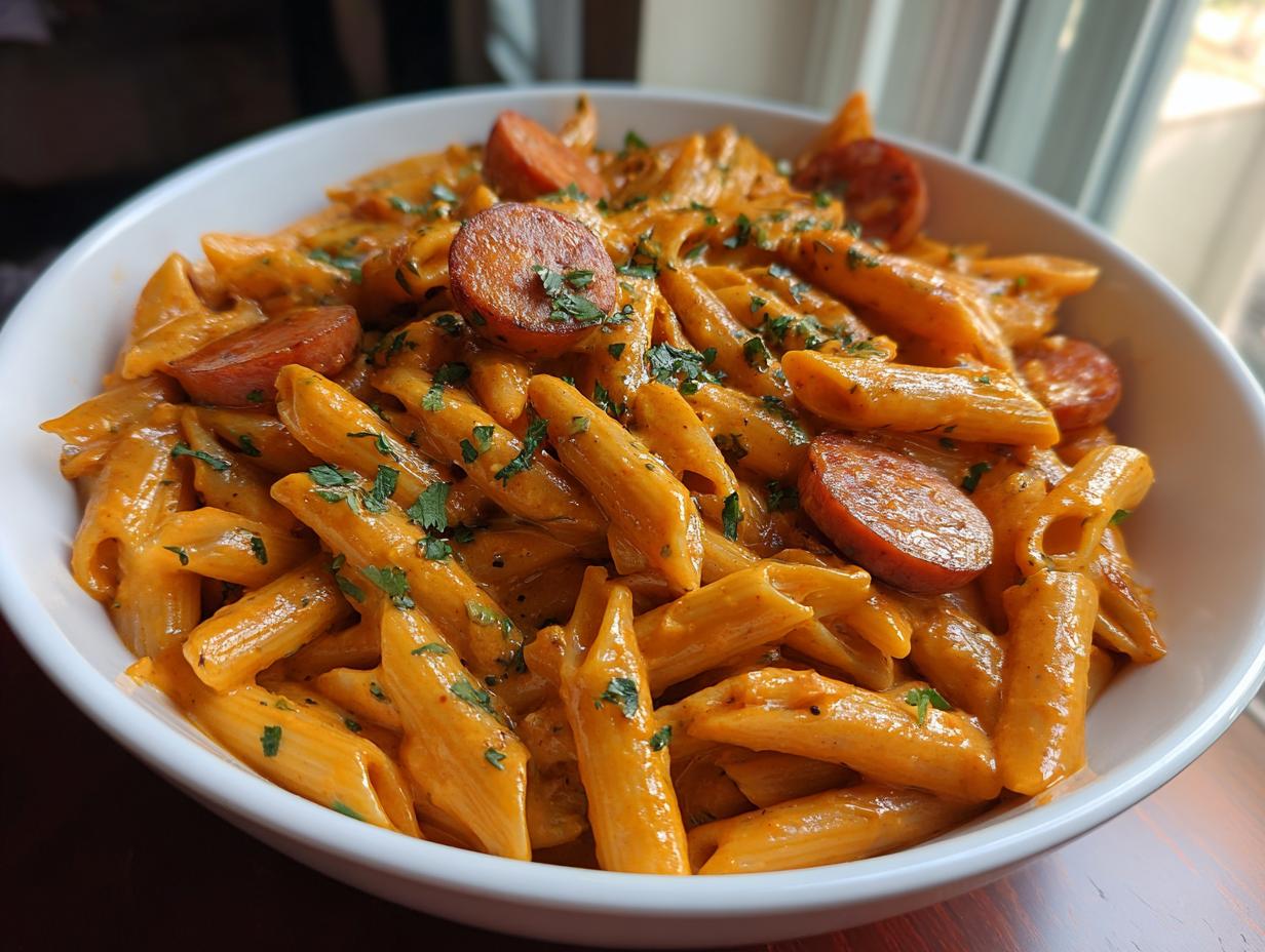 Close-up of creamy penne sausage pasta tossed in a rich orange sauce and topped with sliced sausage and parsley.