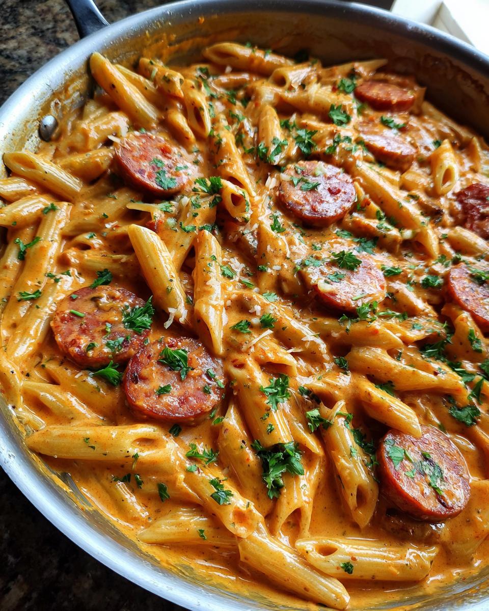 Close-up of creamy sausage pasta made with penne, sliced smoked sausage, and fresh parsley in a stainless steel skillet.
