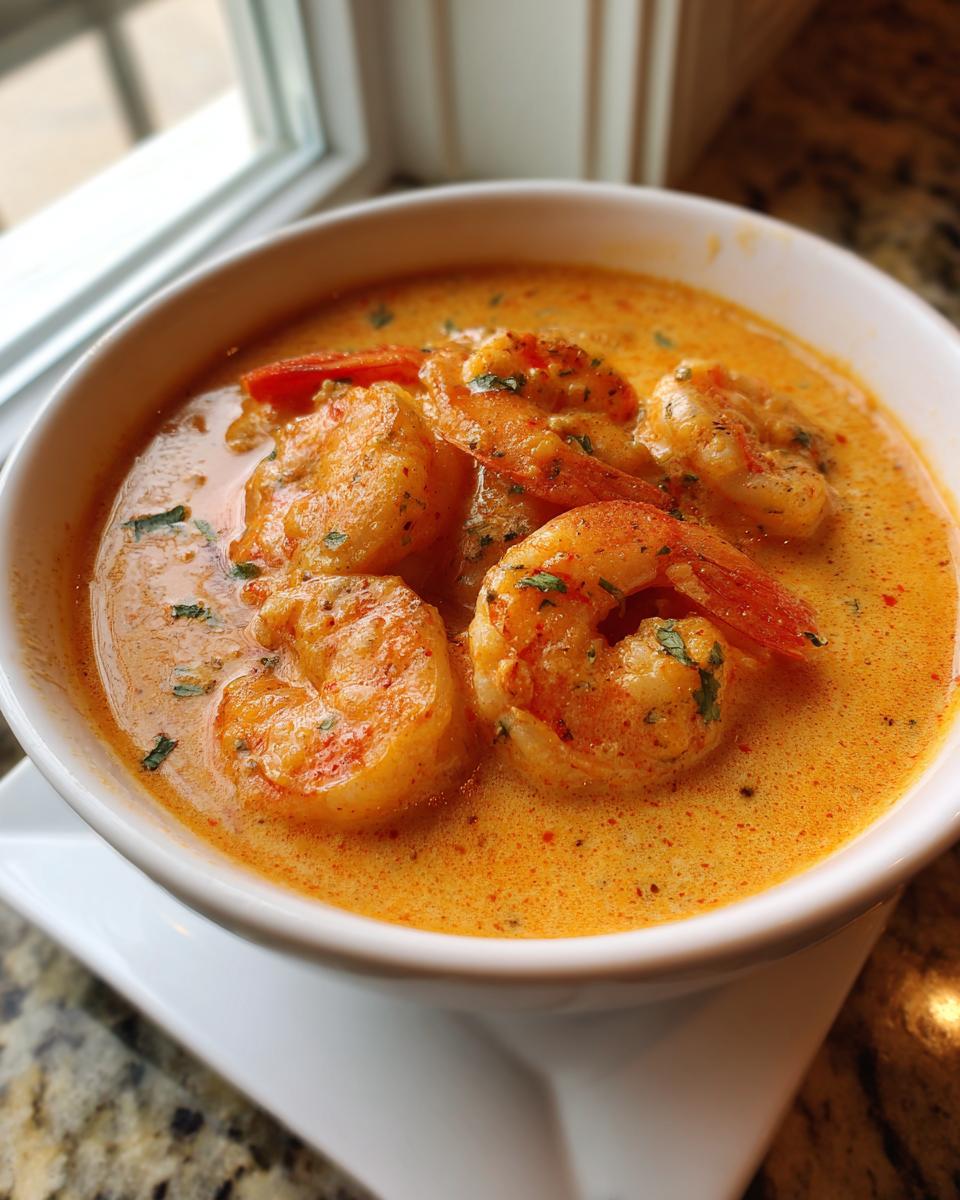 Close-up of a bowl of creamy shrimp soup featuring several large, seasoned shrimp in a rich orange broth.