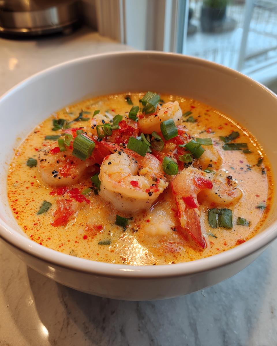 A close-up of creamy shrimp soup topped with cooked shrimp, red pepper flakes, and chopped green onions.