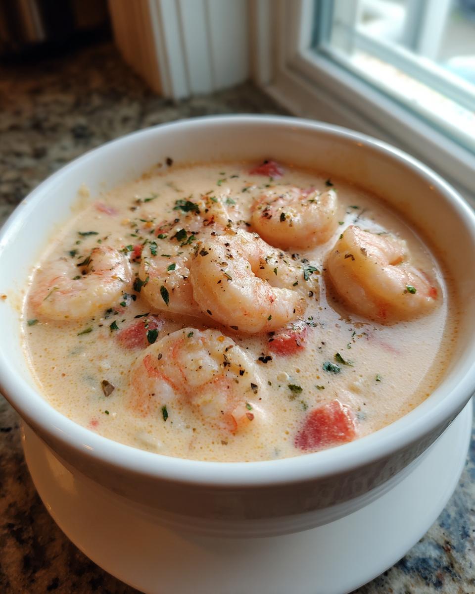 Close-up of a bowl of creamy shrimp soup featuring plump shrimp and diced tomatoes, garnished with herbs.