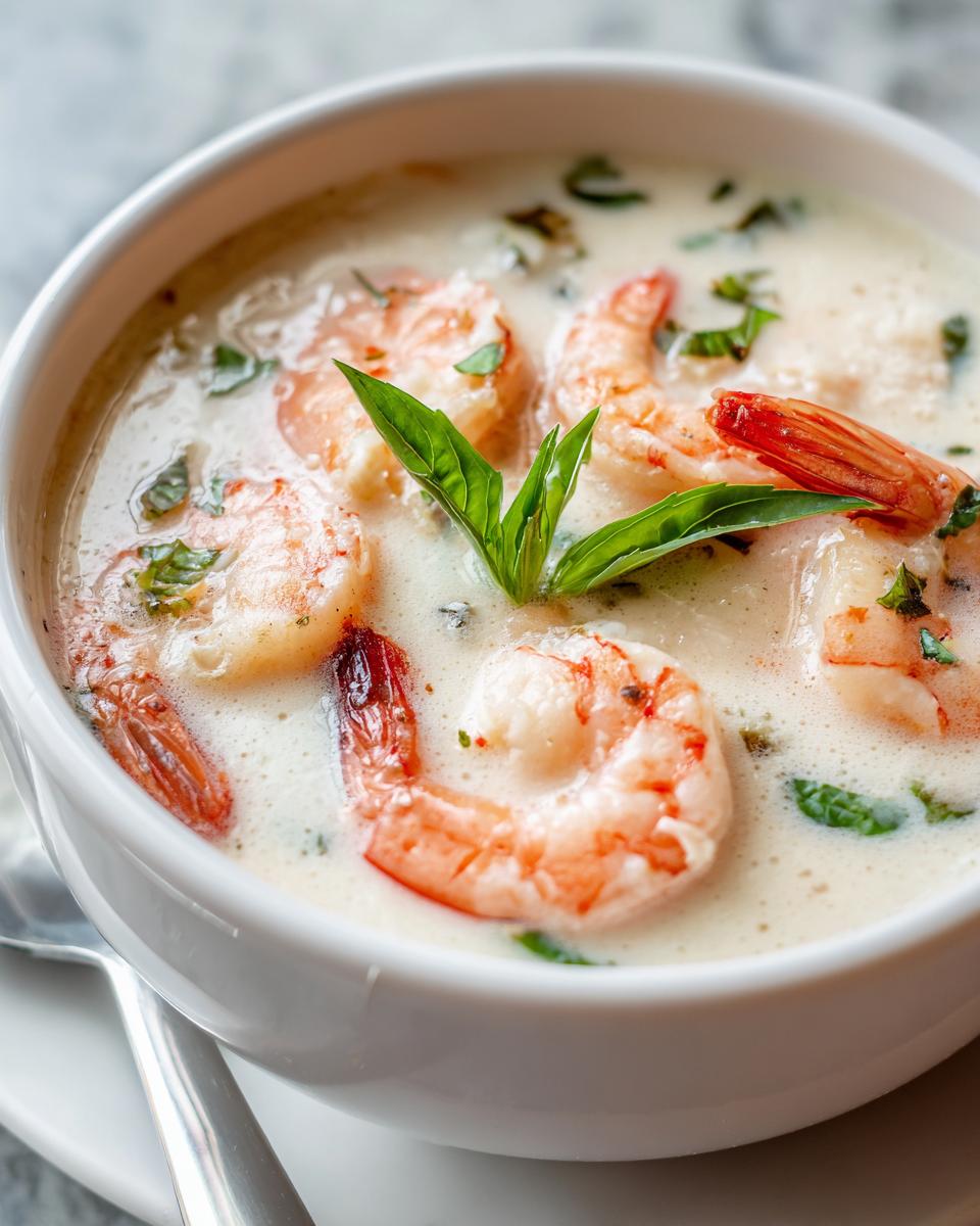 Close-up of creamy shrimp soup featuring several cooked pink shrimp garnished with fresh basil leaves.
