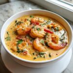 A close-up view of a white bowl filled with rich, creamy shrimp soup featuring large, perfectly cooked shrimp and green herbs.
