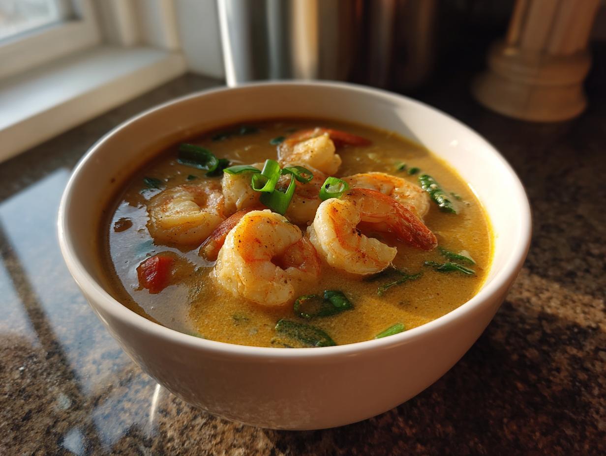 A close-up of a creamy, golden shrimp soup topped with large cooked shrimp and green onions.