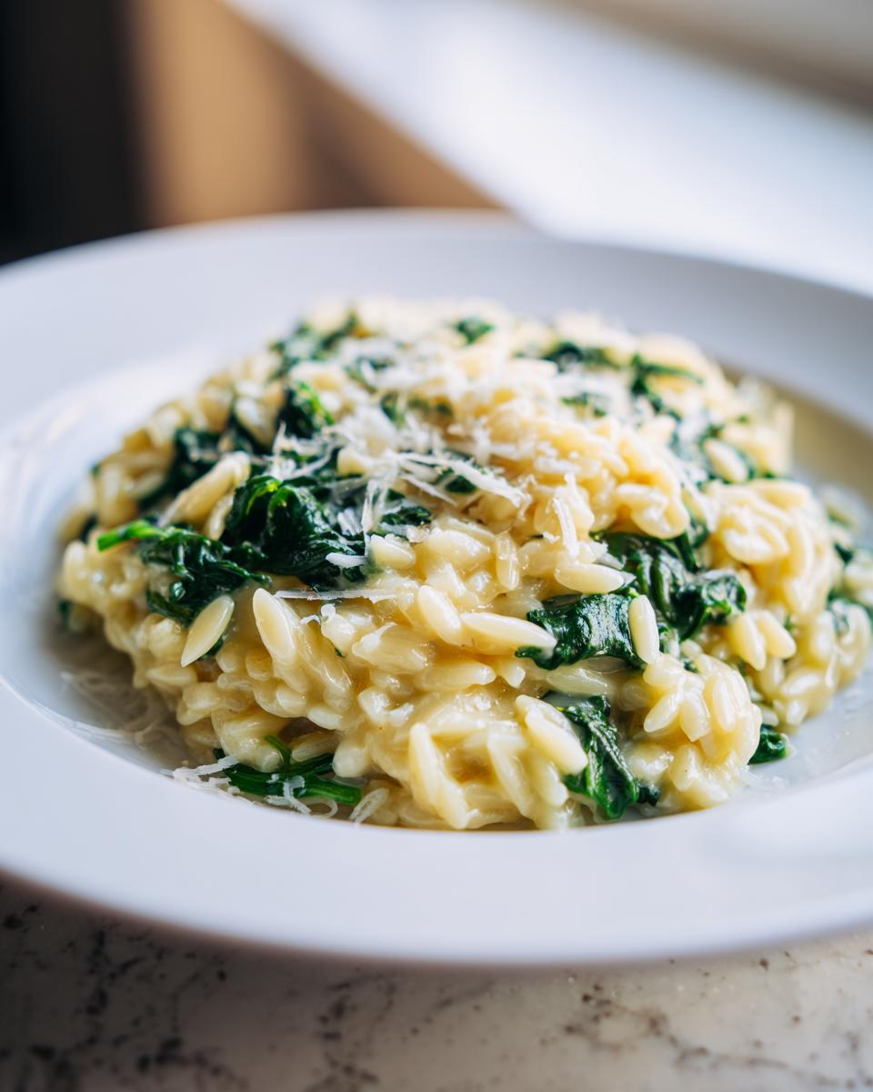 Close-up of creamy orzo pasta mixed with wilted spinach and topped with grated Parmesan cheese.