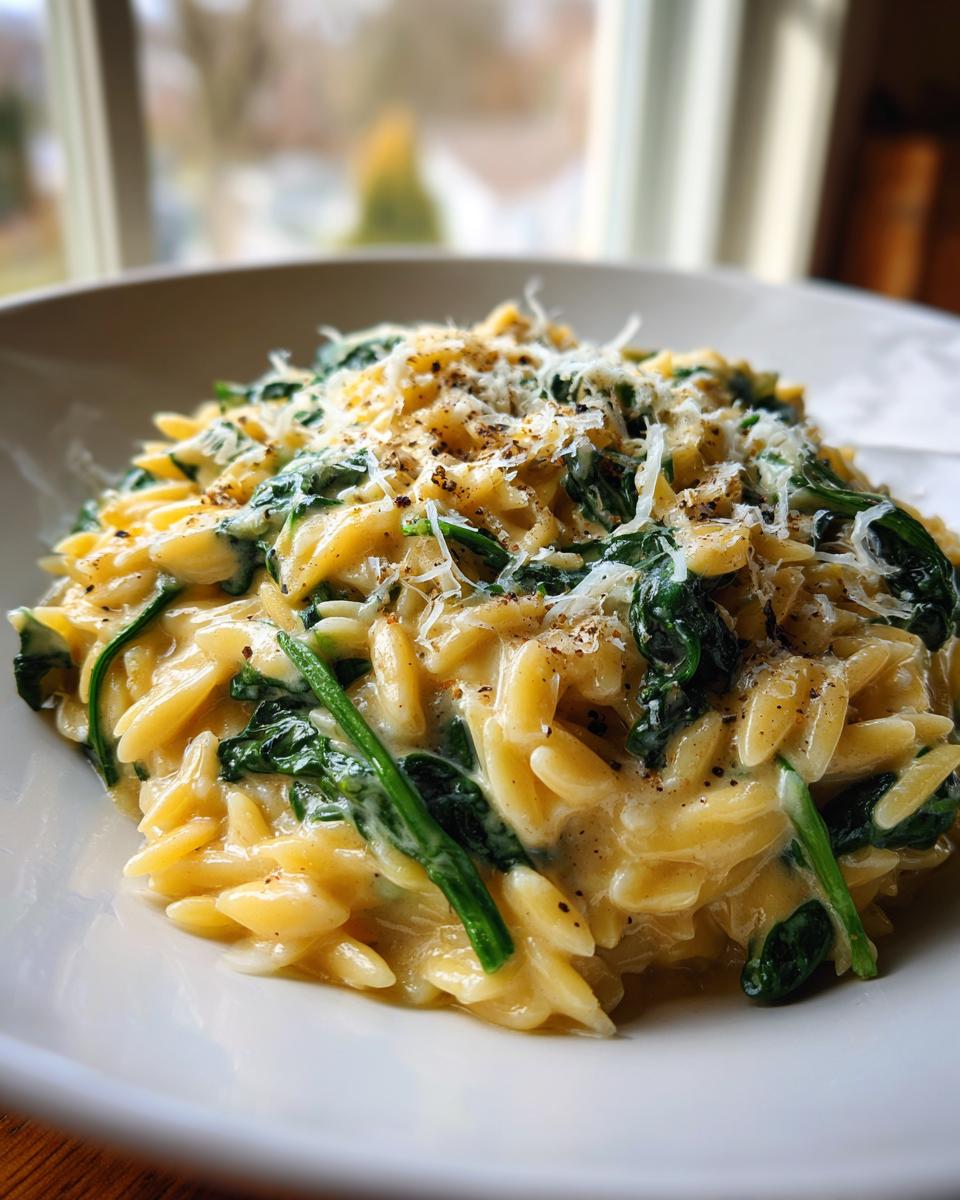 Close-up of creamy orzo pasta mixed with wilted spinach, topped with grated cheese and black pepper.