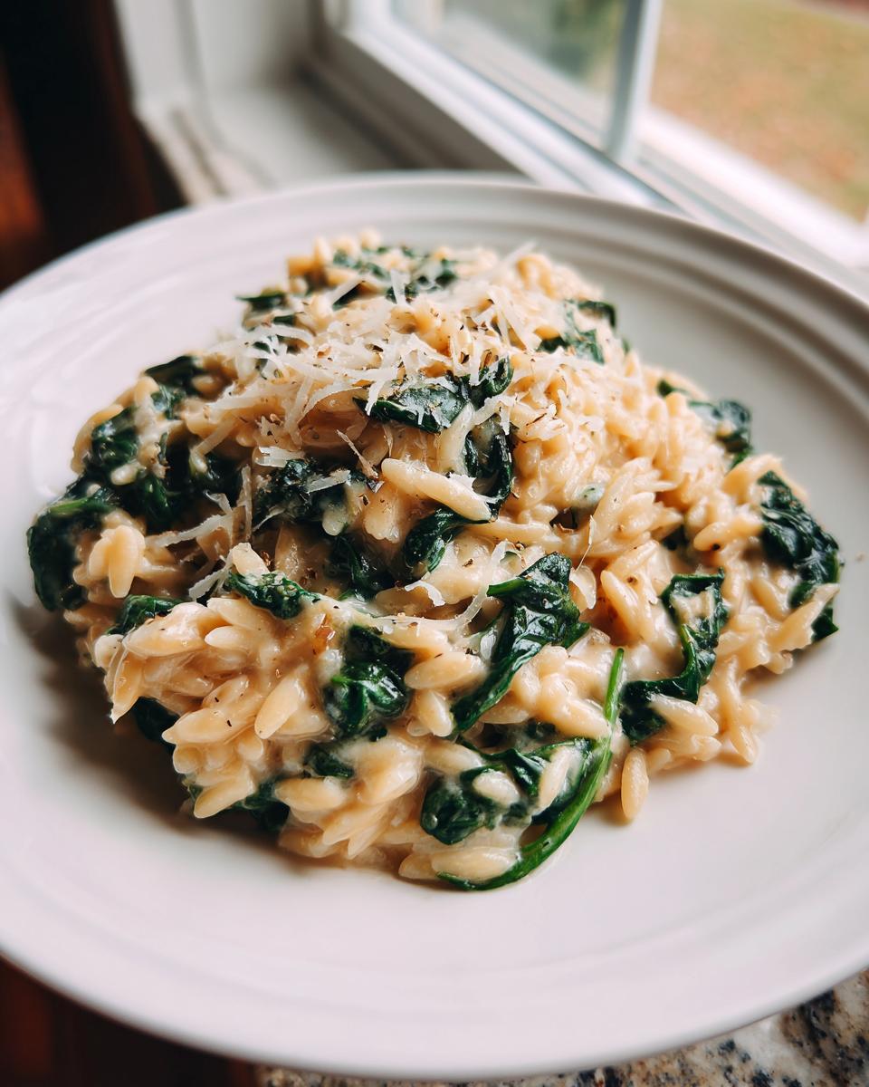 A close-up of creamy orzo pasta mixed with wilted spinach and topped with grated Parmesan cheese.