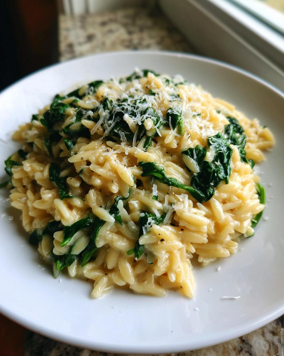 Close-up of a creamy orzo pasta dish mixed with wilted spinach and topped with grated Parmesan cheese.
