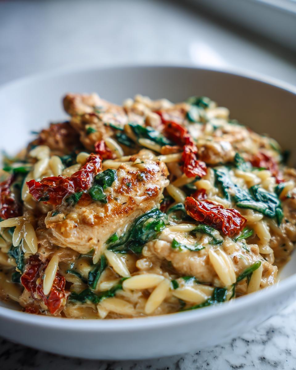 Close-up of creamy Tuscan chicken orzo pasta topped with spinach and sun-dried tomatoes in a white bowl.