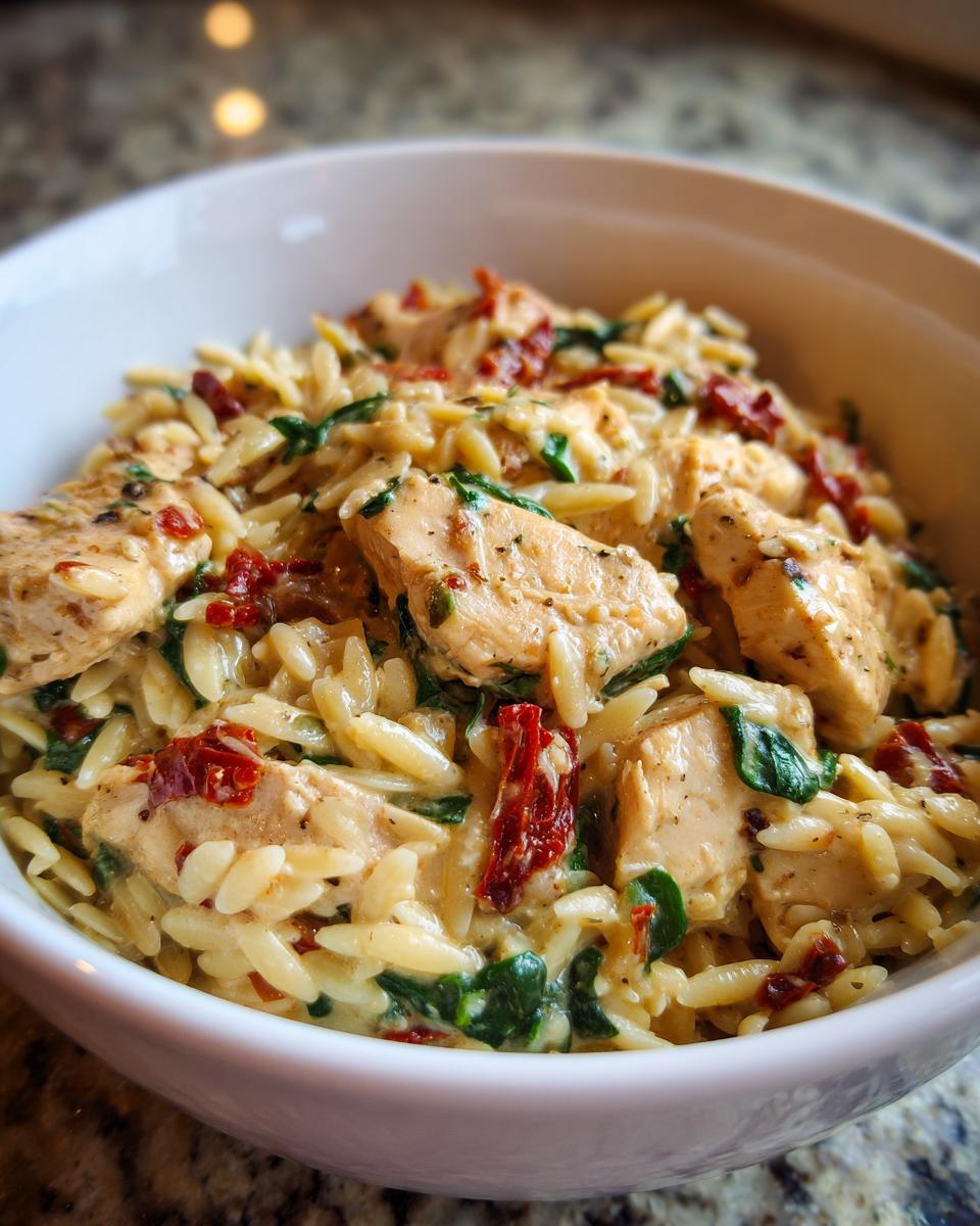 Close-up of creamy tuscan chicken orzo with sun-dried tomatoes and spinach served in a white bowl.