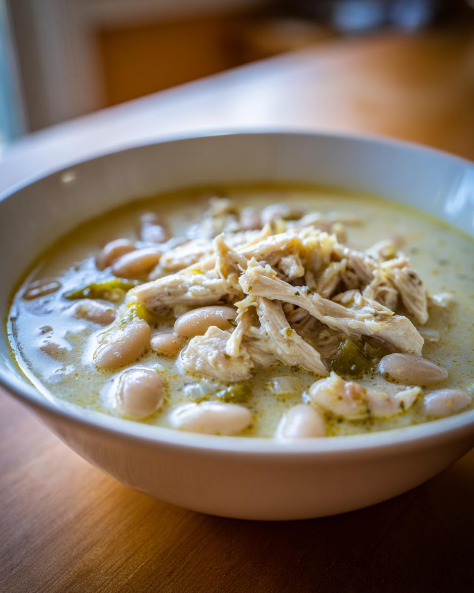 Close-up of a white bowl filled with creamy white chicken chili, featuring white beans and shredded chicken topping.