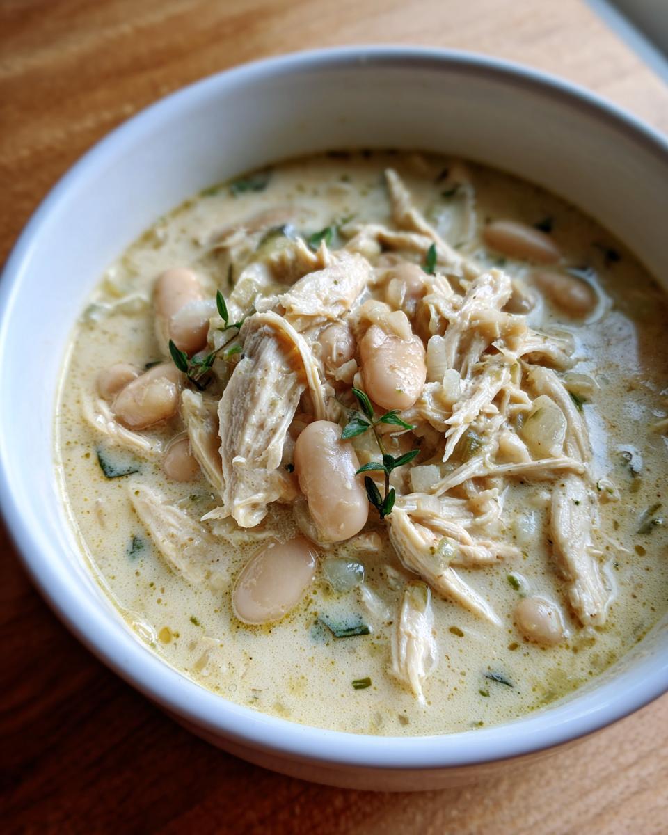Close-up of a bowl filled with creamy white chicken chili, featuring shredded chicken, white beans, and thyme garnish.