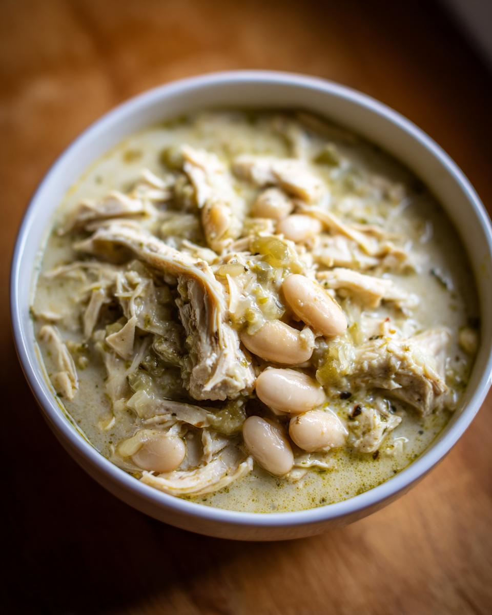 Close-up of a bowl filled with rich, creamy white chicken chili, featuring shredded chicken and white beans.