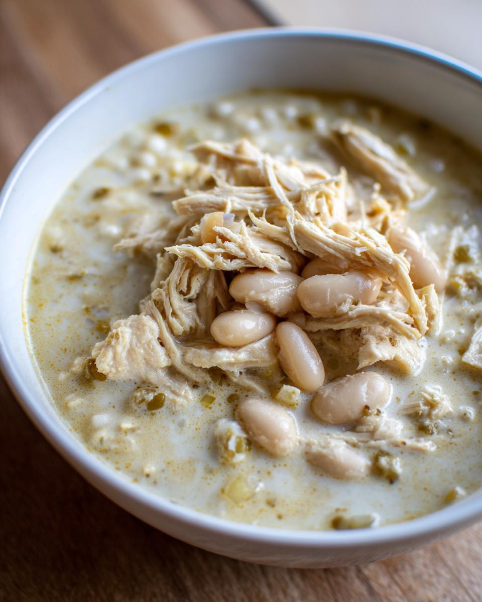 Close-up of a bowl of creamy white chicken chili topped with shredded chicken and white beans.