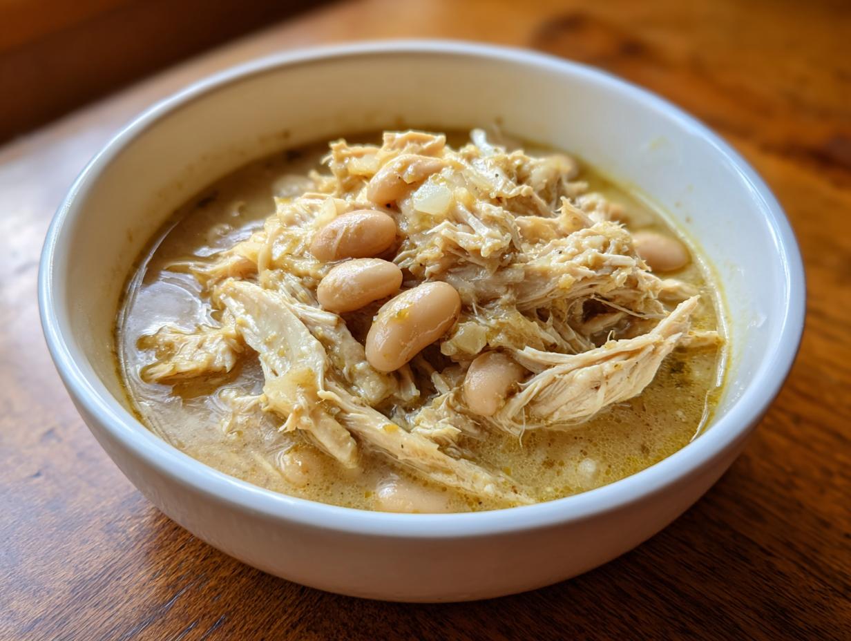 Close-up of a white bowl filled with creamy white chicken chili, featuring shredded chicken and white beans.
