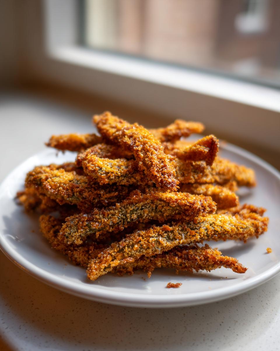 A pile of golden brown, crispy air fryer pickle fries stacked high on a white plate near a window.