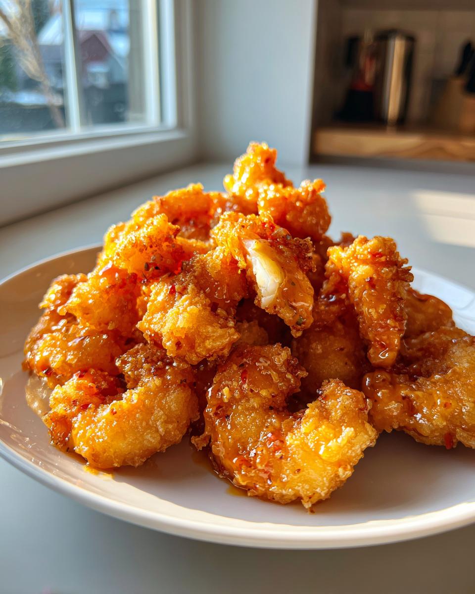 A pile of crispy, golden-fried Bang Bang Shrimp coated in a sweet and spicy orange glaze, served on a white plate.