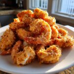 A large pile of crispy, golden brown Bang Bang Shrimp drizzled with creamy sauce, served on a white plate.