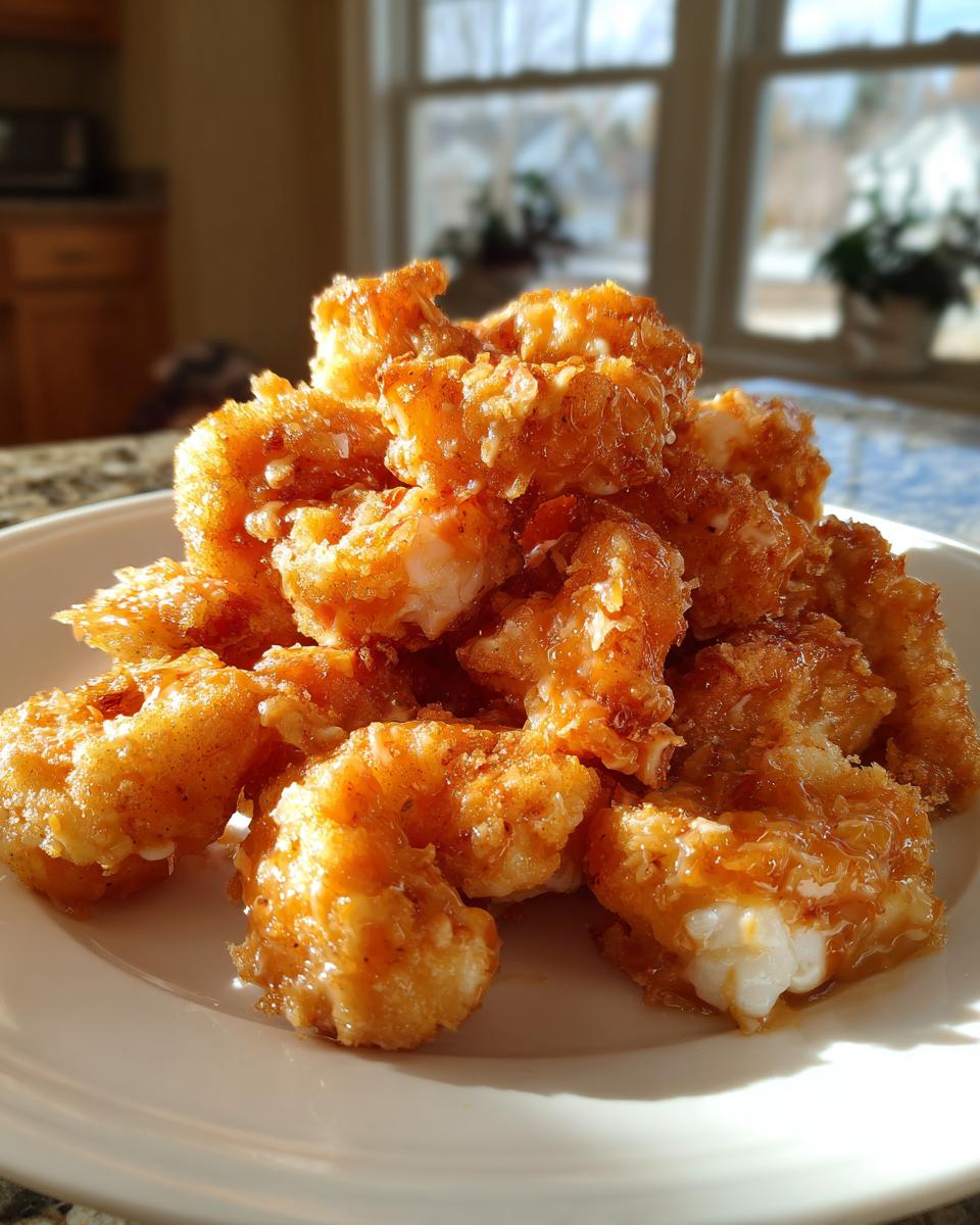 A close-up of crispy, saucy Bang Bang Shrimp piled high on a white plate, glistening in the sunlight.