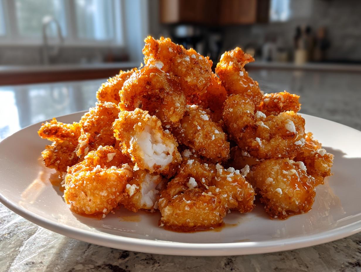 A mound of crispy, golden-brown Bang Bang Shrimp drizzled with sauce and topped with white crumbles on a white plate.