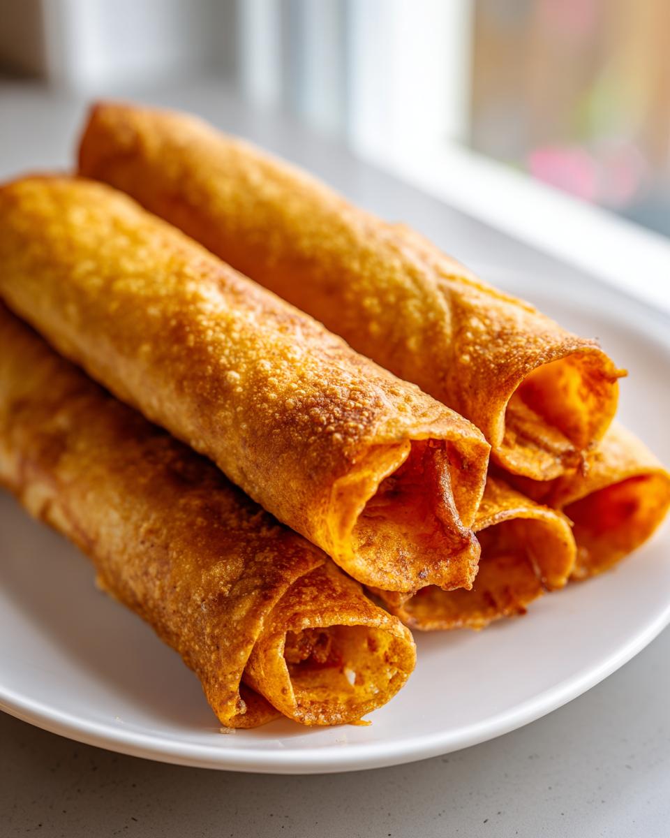 Close-up of several golden-brown, crispy cheesy beef flautas stacked on a white plate.