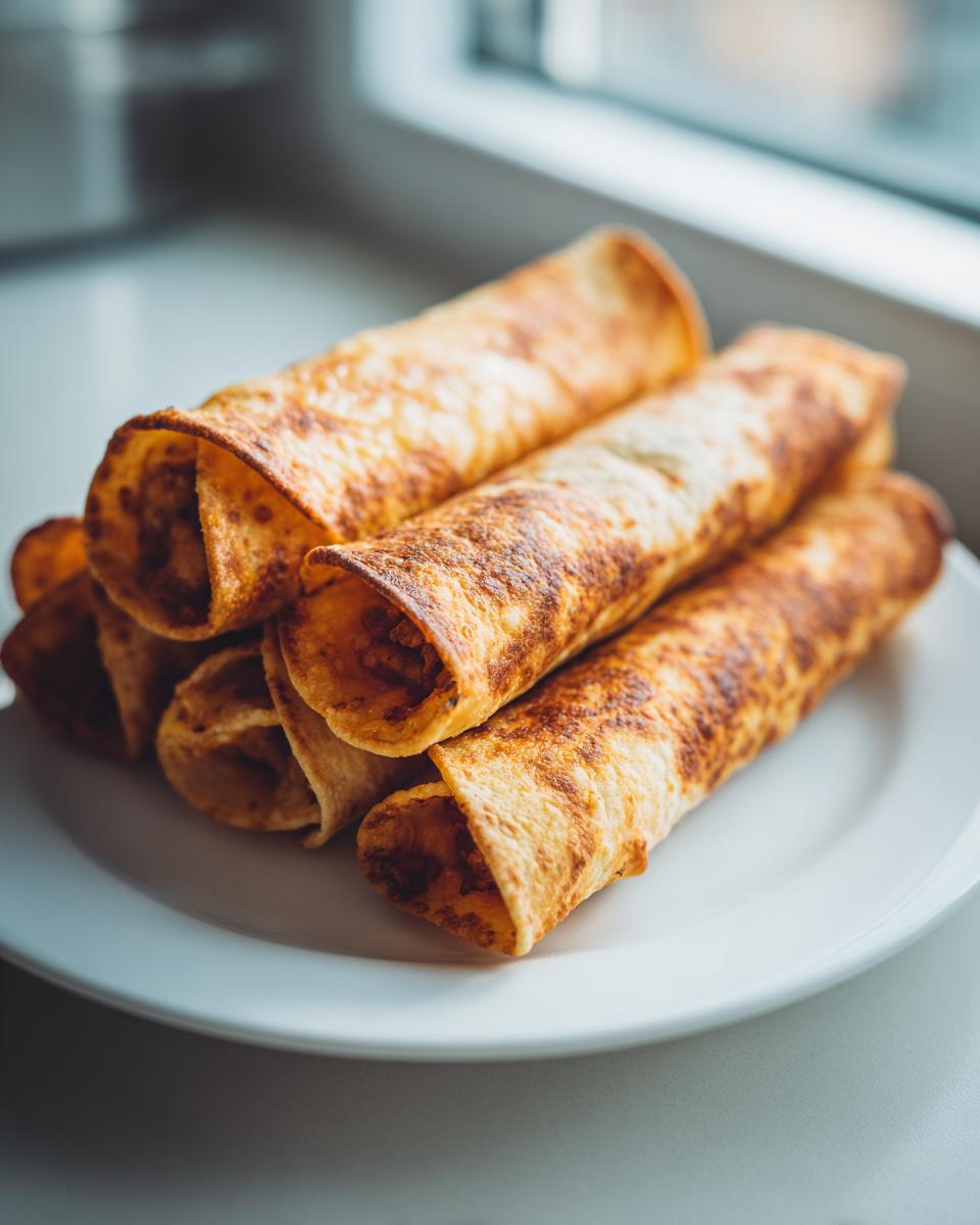 A stack of crispy, golden-brown cheesy beef flautas resting on a white plate near a window.