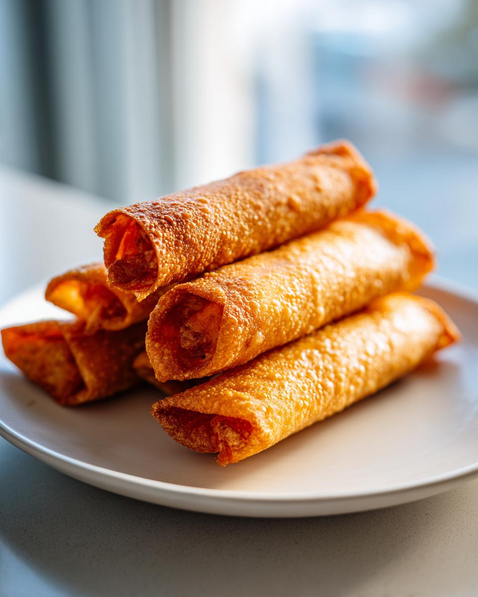 A stack of golden brown, crispy cheesy beef flautas served on a white plate.