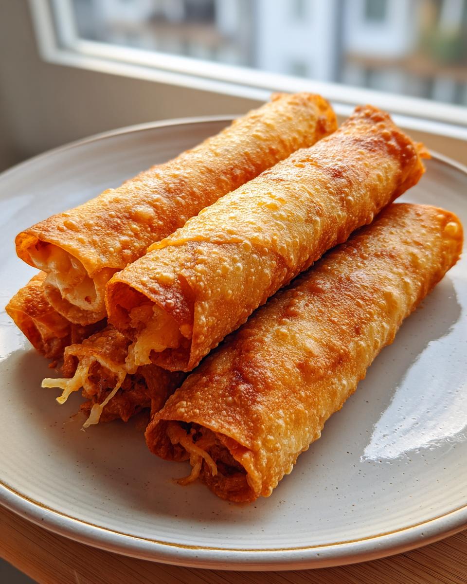 Four golden brown, crispy cheesy beef flautas stacked slightly on a light-colored plate.