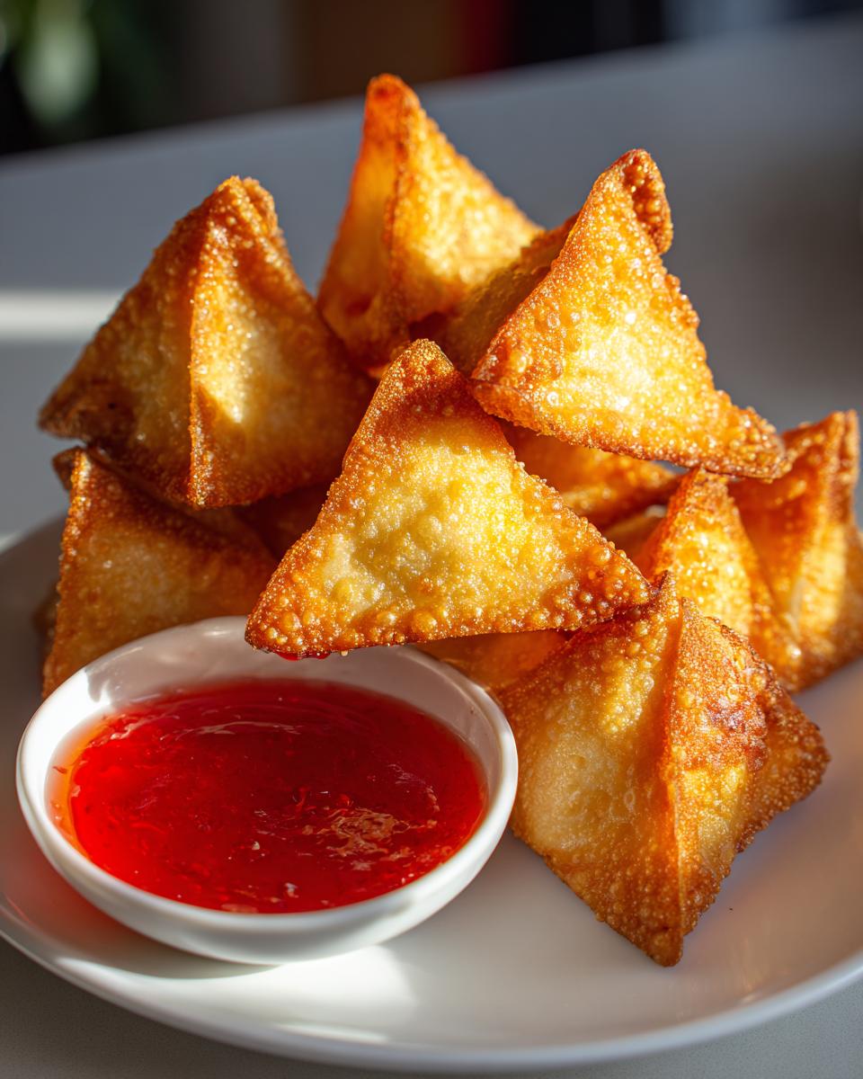A pile of golden, crispy crab rangoons served with a small bowl of bright red sweet chili dipping sauce.