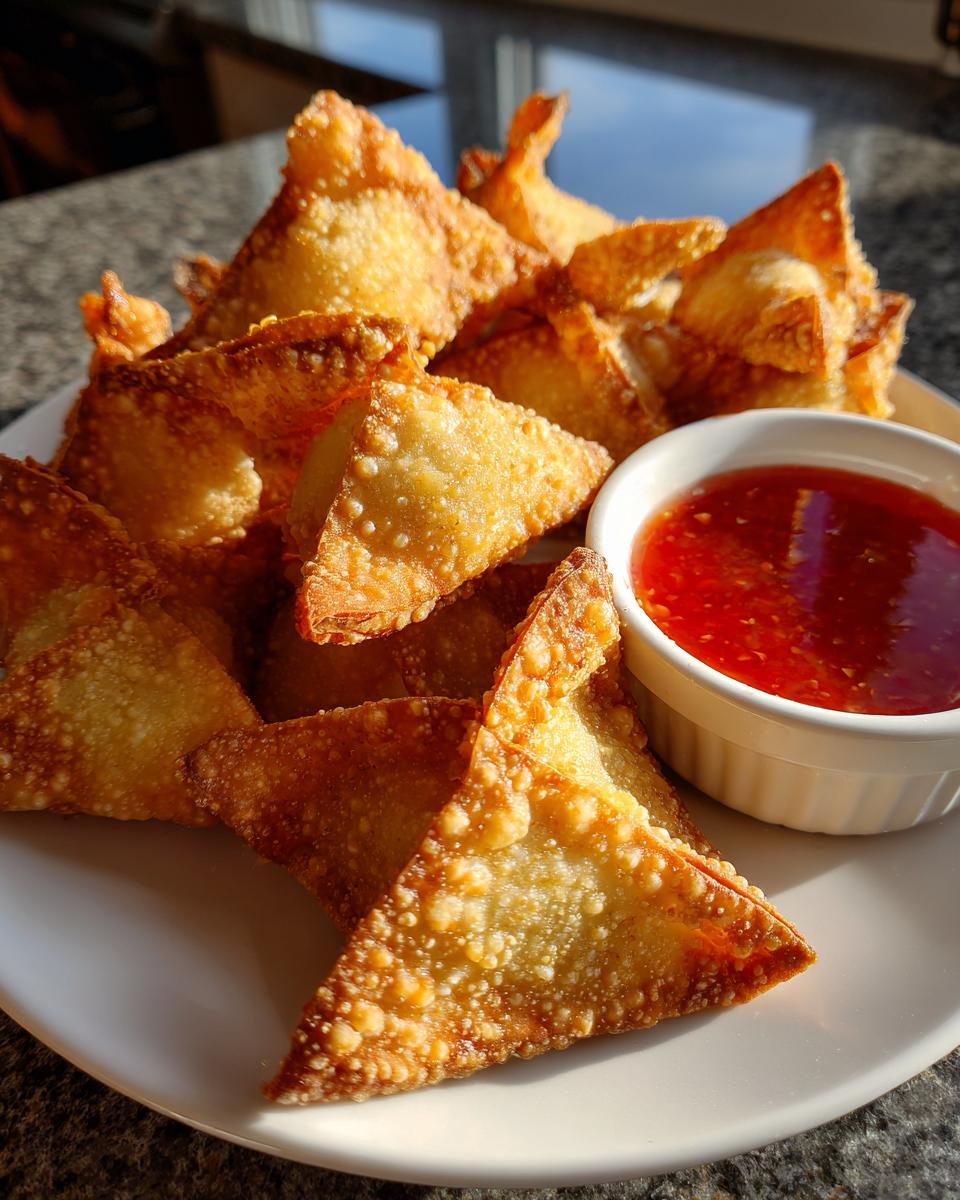 A plate piled high with golden brown, crispy crab rangoons served with a small bowl of bright red sweet chili sauce.