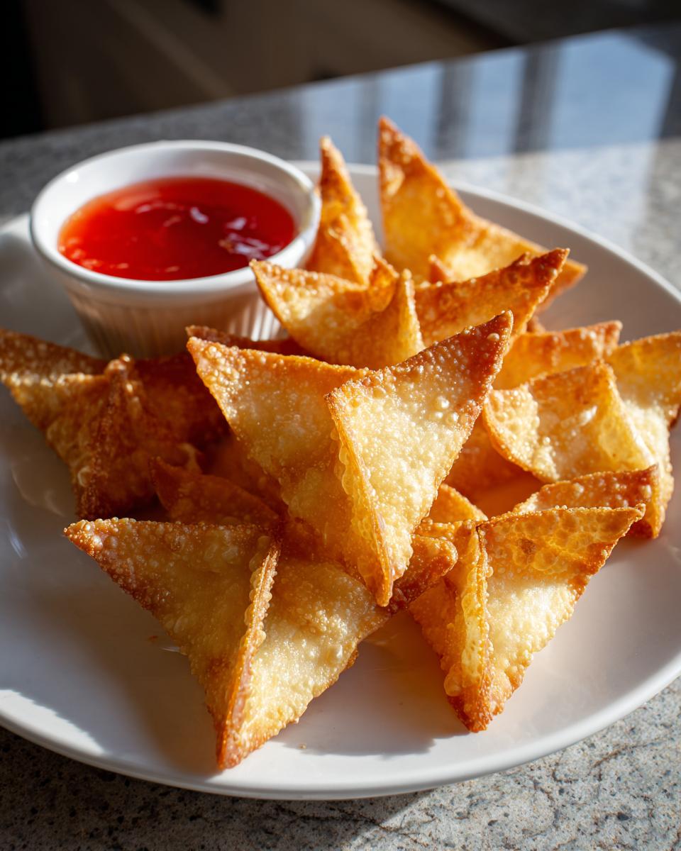A plate of golden brown, crispy crab rangoons served with a small bowl of bright red sweet chili dipping sauce.