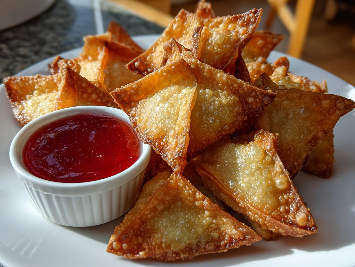 A pile of golden brown, crispy crab rangoons served on a white plate next to a dipping bowl of bright red sweet chili sauce.